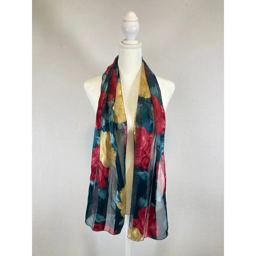 Romantic Floral‎ Unbranded Women Teal Red Yellow Sheer Chiffon Style Scarf Wrap